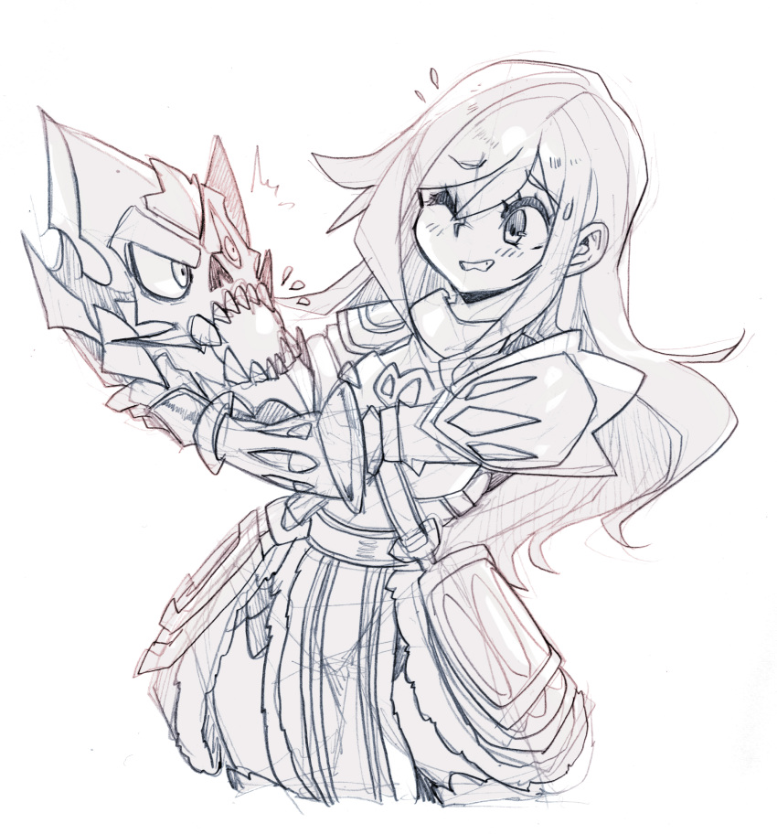 1girl, absurdres, armor, breasts, commentary, commission, dang_(runescape), duellist's_cap_(tier_6), english_commentary, fingerless_gloves, fur_trim, gloves, hat, highres, holding, holding_clothes, holding_hat, long_hair, original, parororo, plate_armor, runescape, scolding, simple_background, sketch, talking_hat, white_background
