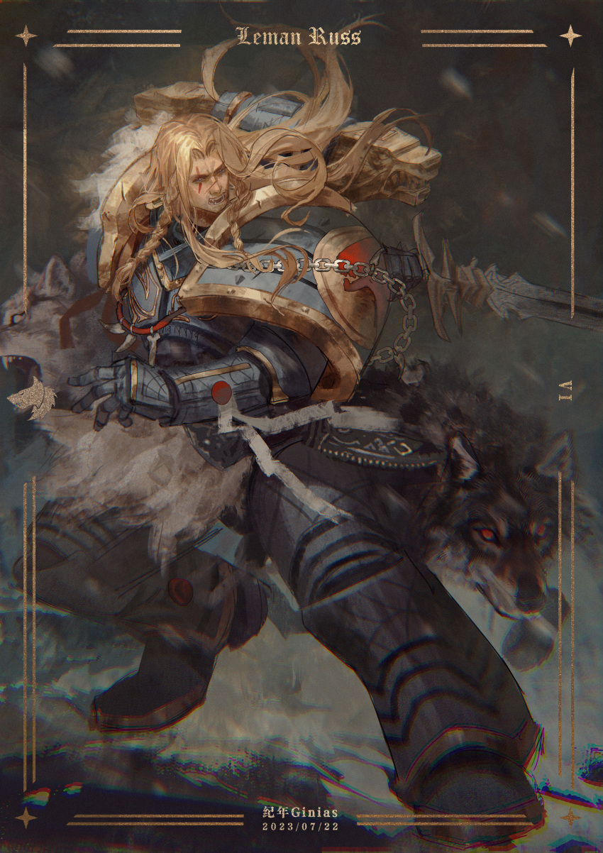 1boy, absurdres, animal, armor, armored_boots, artist_name, beard_stubble, blonde_hair
