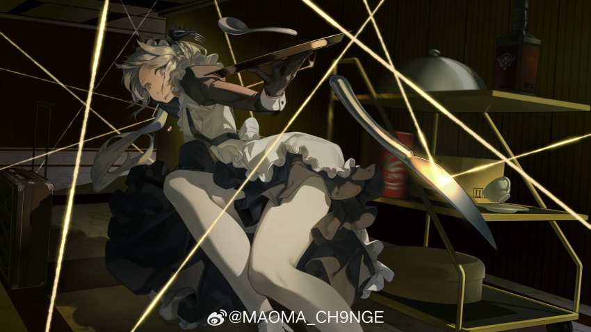 1girl, 9_vcat, absurdres, alcohol, apron, arknights, artist_name, balancing