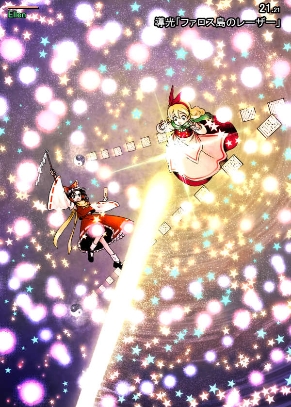 2girls, :d, apron, black_footwear, black_hair, blonde_hair, bow, capelet