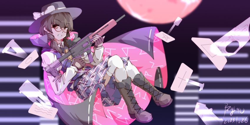1girl, absurdres, black_cape, black_headwear, blurry, blurry_background, bow, brown_eyes, brown_footwear, brown_hair, cape, chinese_commentary, commentary_request, dated, fgc-9, full_body, hat, hat_bow, highres, long_sleeves, looking_at_viewer, low_twintails, medium_hair, plaid, plaid_skirt, purple_skirt, purple_vest, pzgr.40, red-framed_eyewear, runes, semi-rimless_eyewear, shirt, signature, skirt, solo, touhou, twintails, under-rim_eyewear, usami_sumireko, vest, white_bow, white_shirt, zener_card