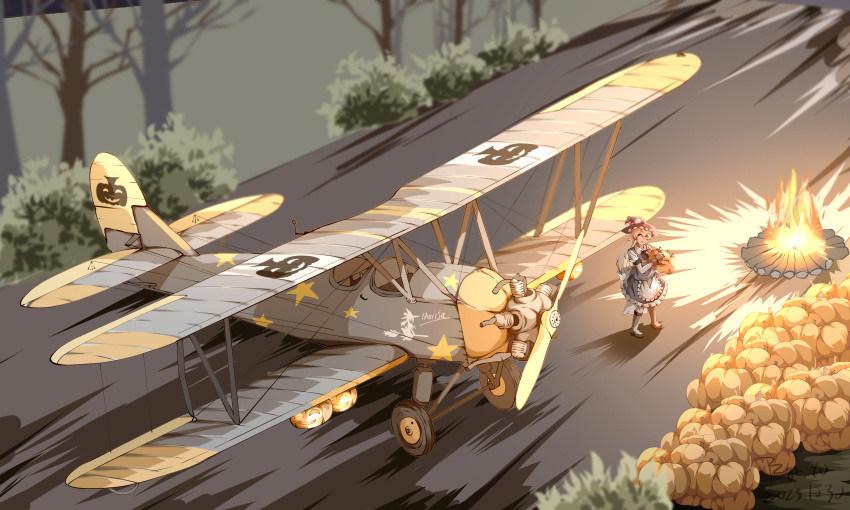 1girl, absurdres, aircraft, airplane, bare_tree, biplane, blonde_hair, blurry, blurry_background, character_name, chinese_commentary, commentary_request, dated, fireplace, halloween, highres, kirisame_marisa, military_vehicle, outdoors, po-2, pzgr.40, signature, solo, star_(symbol), star_print, touhou, tree, vehicle_focus, wide_shot