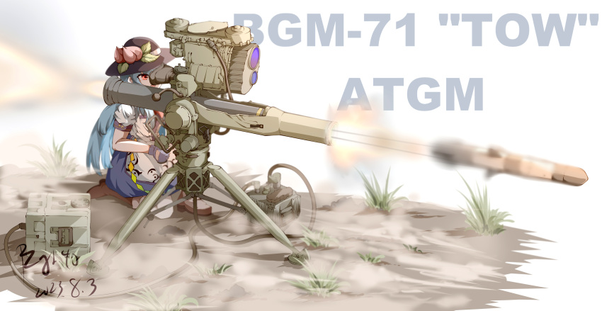 1girl, absurdres, bgm-71, black_headwear, blue_gloves, blue_hair, blue_skirt, brown_footwear, chinese_commentary, commentary_request, dated, full_body, gloves, grass, highres, hinanawi_tenshi, kneeling, leaf, long_hair, military, missile, outdoors, peach_hat_ornament, pzgr.40, rainbow_order, red_eyes, rocket_launcher, short_sleeves, signature, sitting, skirt, solo, touhou, turret, weapon