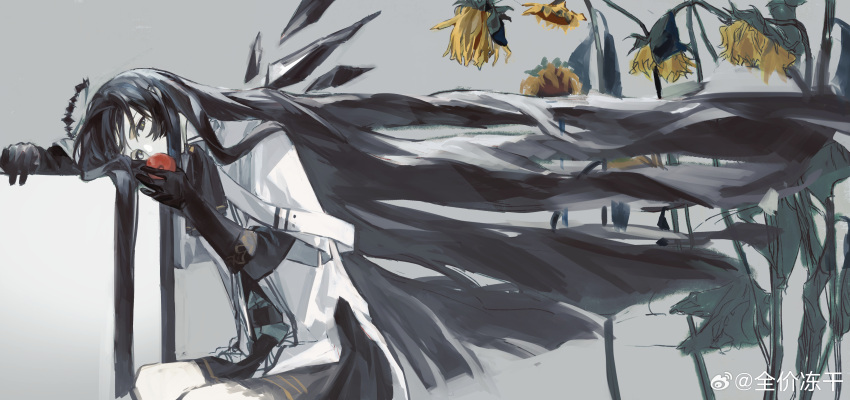 1girl, absurdly_long_hair, absurdres, antenna_hair, apple, arknights, arm_rest, artist_name