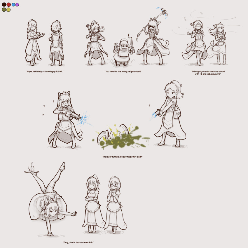 !, 6+girls, aelanna, animal_ears, apron, assault_rifle, axe, bag, boots, bottle, bug, cat_ears, cat_girl, cat_tail, caterpillar_tracks, commentary, cup, drinking_glass, english_commentary, english_text, firing, fox_ears, fox_girl, fox_tail, glasses, grey_background, gun, gymnastics, halberd, handgun, handstand, highres, holding, holding_tray, lancer_(rimworld), long_hair, mace, maid, maid_apron, maid_headdress, medium_hair, monochrome, multiple_girls, one_arm_handstand, original, polearm, ponytail, rifle, rimworld, robot, satchel, shaded_face, simple_background, tactical_maid, tail, thigh_boots, tray, unconventional_maid, weapon, wine_bottle, wine_glass