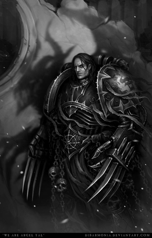 1boy, argel_tal, armor, artist_name, black_hair, breastplate, chain, clawed_gauntlets, deviantart_username, dual_wielding, full_armor, gauntlets, greyscale, holding, long_hair, looking_at_viewer, monochrome, ornate, ornate_armor, pauldrons, power_armor, purity_seal, shoulder_armor, silhouette, silhouette_demon, skull, skull_ornament, solo, veronica_anrathi, warhammer_40k, weapon, word_bearers