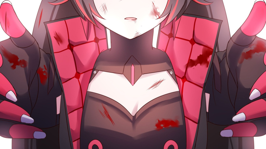 1girl, black_dress, black_hair, blood, blood_on_clothes, blood_on_face, blood_on_hands, bruise