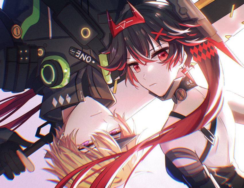 1boy, 1girl, backless_dress, backless_outfit, black_dress, black_gloves, black_hair, black_jacket, blonde_hair, crossed_bangs, dress, fake_horns, gloves, grey_horns, hair_between_eyes, hair_ornament, headgear, headphones, headphones_around_neck, highres, holding, holding_weapon, horns, jacket, kamui:_bastion_(punishing:_gray_raven), lucia:_dawn_(punishing:_gray_raven), lucia_(punishing:_gray_raven), mechanical_arms, multicolored_hair, nekoko1551, parted_bangs, partially_fingerless_gloves, punishing:_gray_raven, red_eyes, red_horns, redhead, short_hair, single_horn, streaked_hair, twintails, violet_eyes, weapon, x_hair_ornament