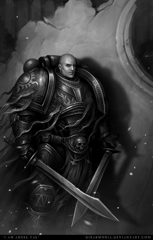 1boy, argel_tal, armor, artist_name, bald, deviantart_username, dual_wielding, greyscale, holding, holding_sword, holding_weapon, imperium_of_man, looking_at_viewer, monochrome, ornate, ornate_armor, pauldrons, power_armor, purity_seal, shoulder_armor, silhouette, skull, skull_ornament, solo, space_marine, sword, twin_blades, veronica_anrathi, warhammer_40k, weapon, web_address, word_bearers