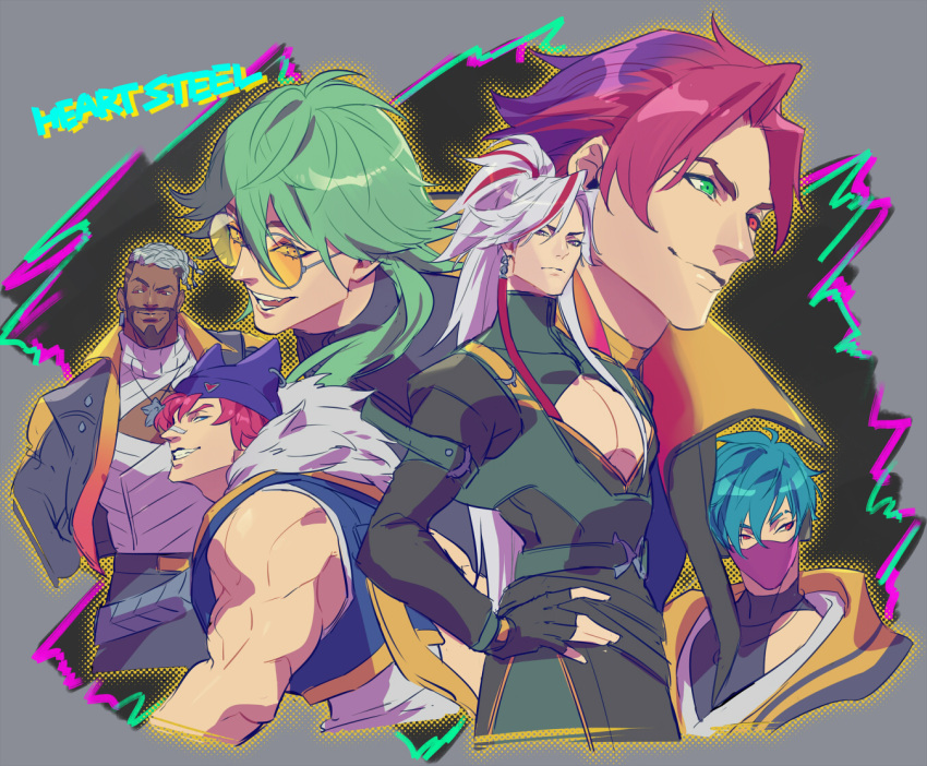 6+boys, aphelios, aqua_hair, bandaid, bandaid_on_face, bandaid_on_nose, black_gloves, black_sclera