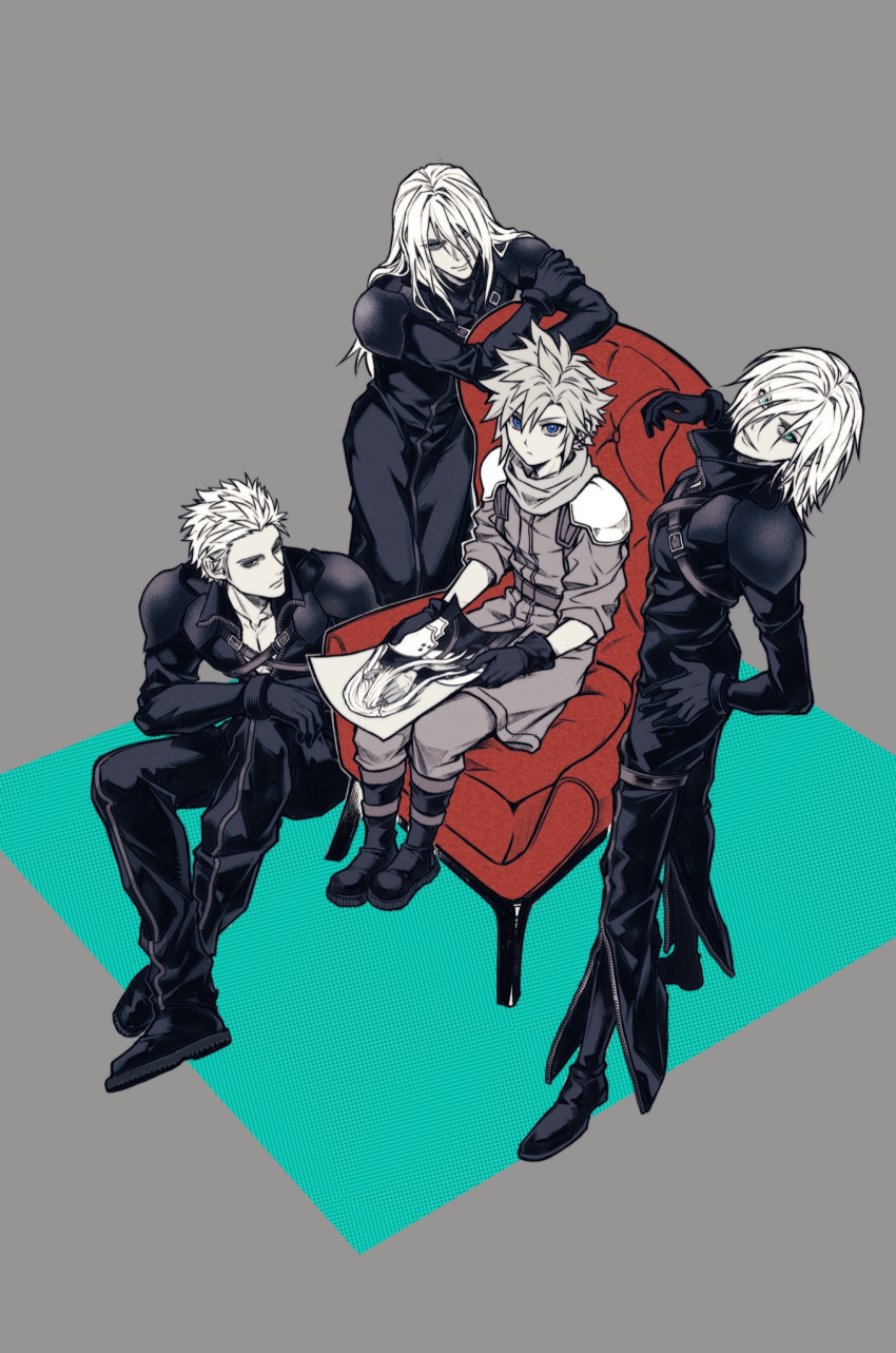 4boys, armchair, armor, belt, black_footwear, black_gloves, black_jumpsuit, blue_eyes