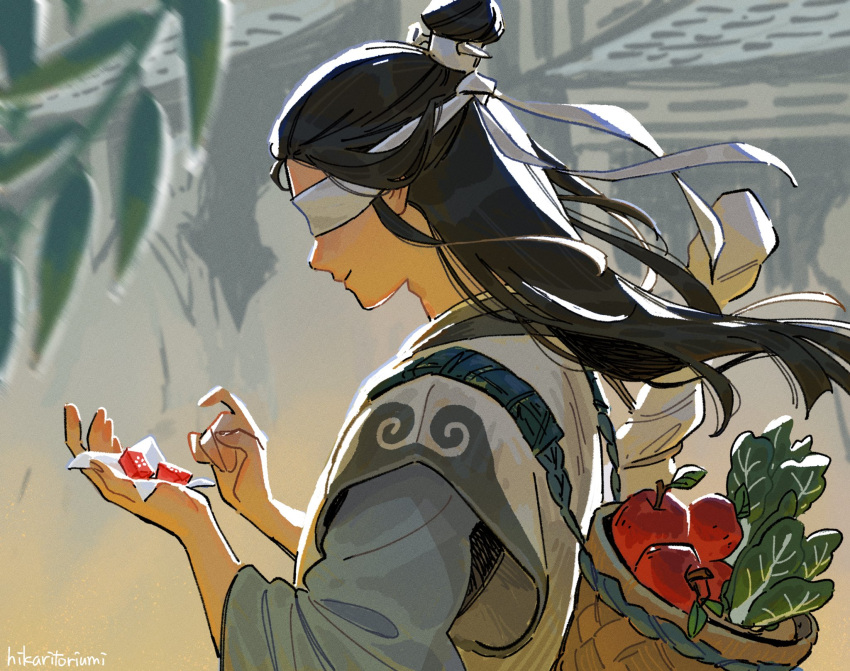 1boy, apple, backpack_basket, black_hair, blurry, blurry_background, candy, chinese_clothes
