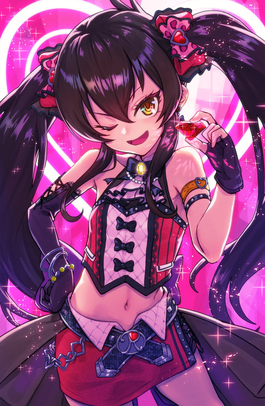 1girl, arm_strap, ascot, asymmetrical_gloves, bangle, bare_shoulders, batayu, belt
