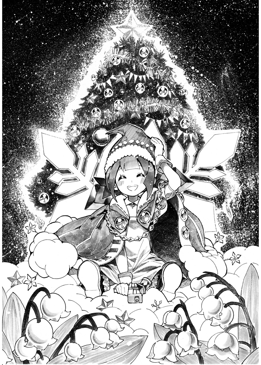 1girl, absurdres, blush, cape, christmas, christmas_tree, closed_eyes, dress, duel_monster, full_body, gun, hand_on_own_head, hat, highres, holding, holding_gun, holding_weapon, open_mouth, santa_hat, sea_whites, shoes, sitting, smile, snowflakes, solo, the_weather_painter_snow, weapon, yu-gi-oh!