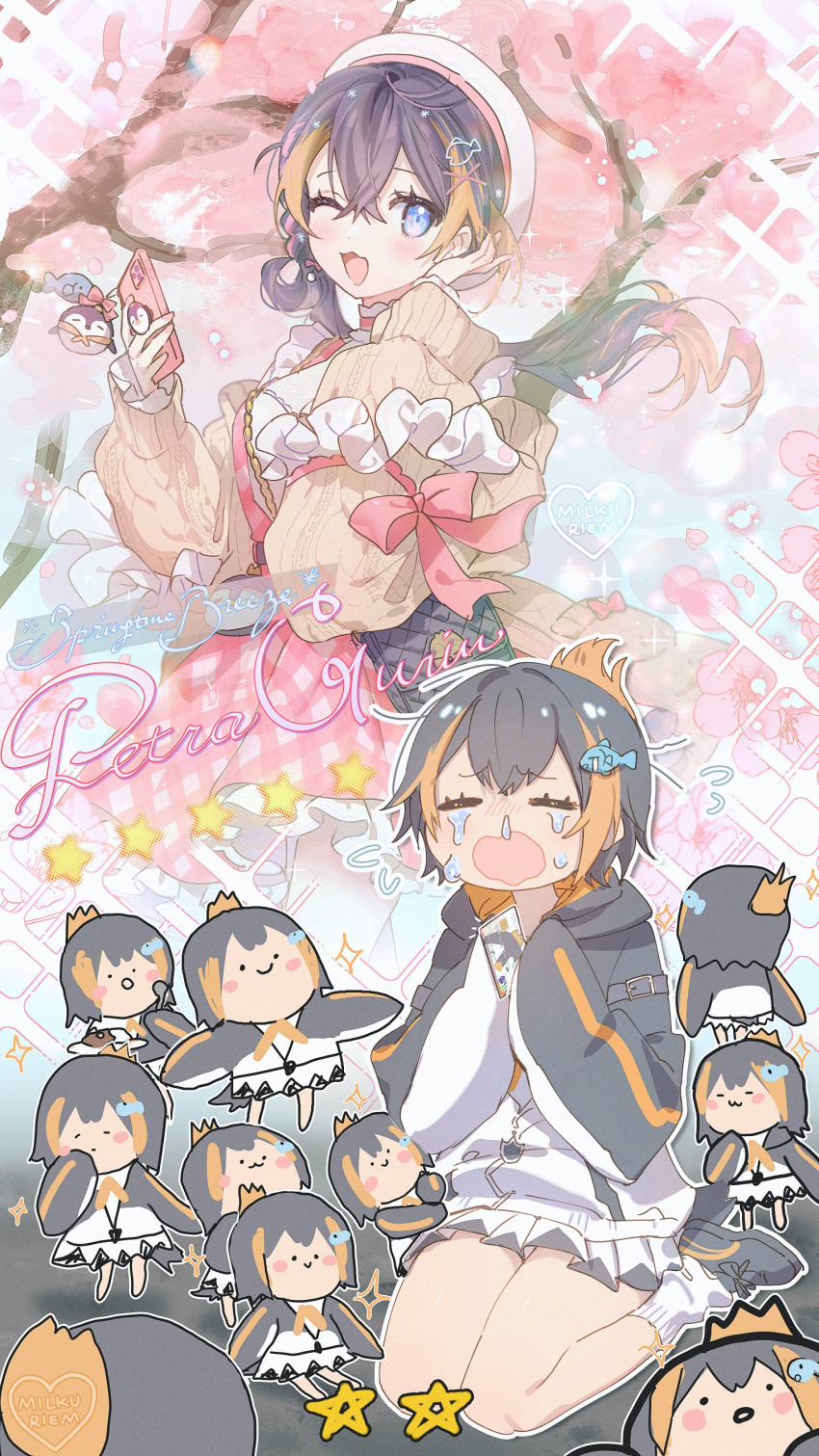 absurdres, bag, beret, black_bag, blonde_hair, blue_eyes, brown_cardigan, brown_hair