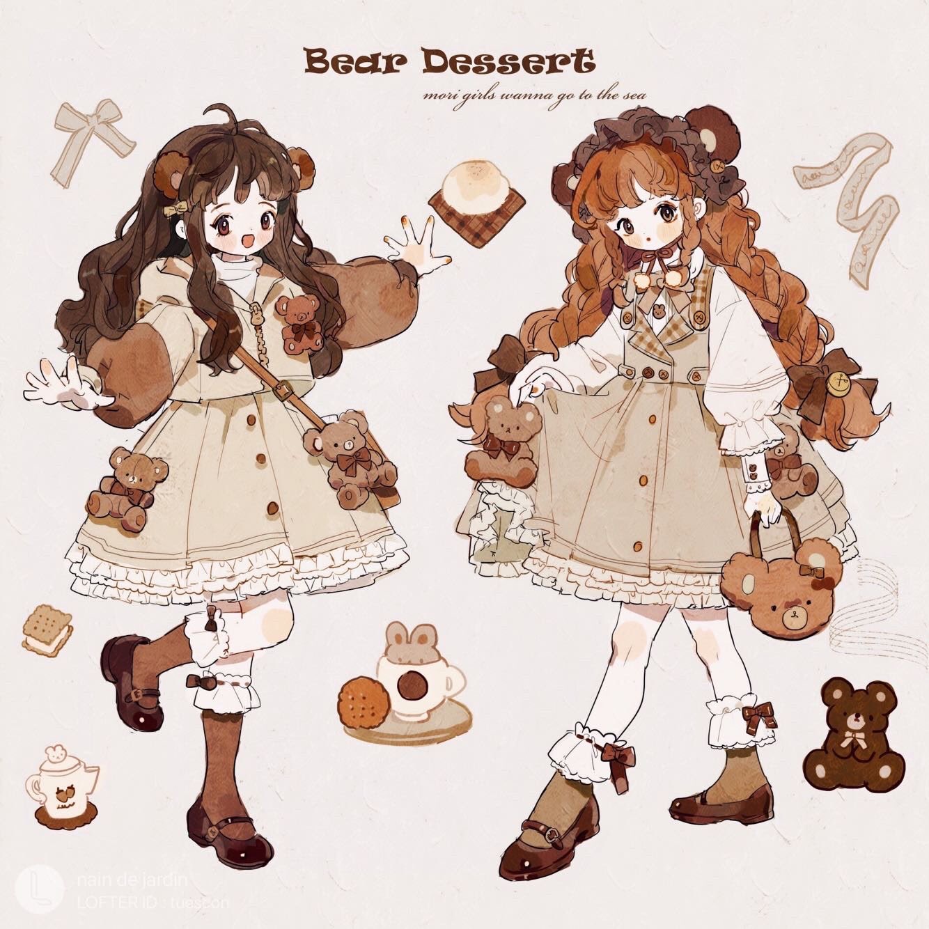 2girls, :o, ahoge, animal_bag, animal_ears, ankle_cuffs, bag, bear_bag