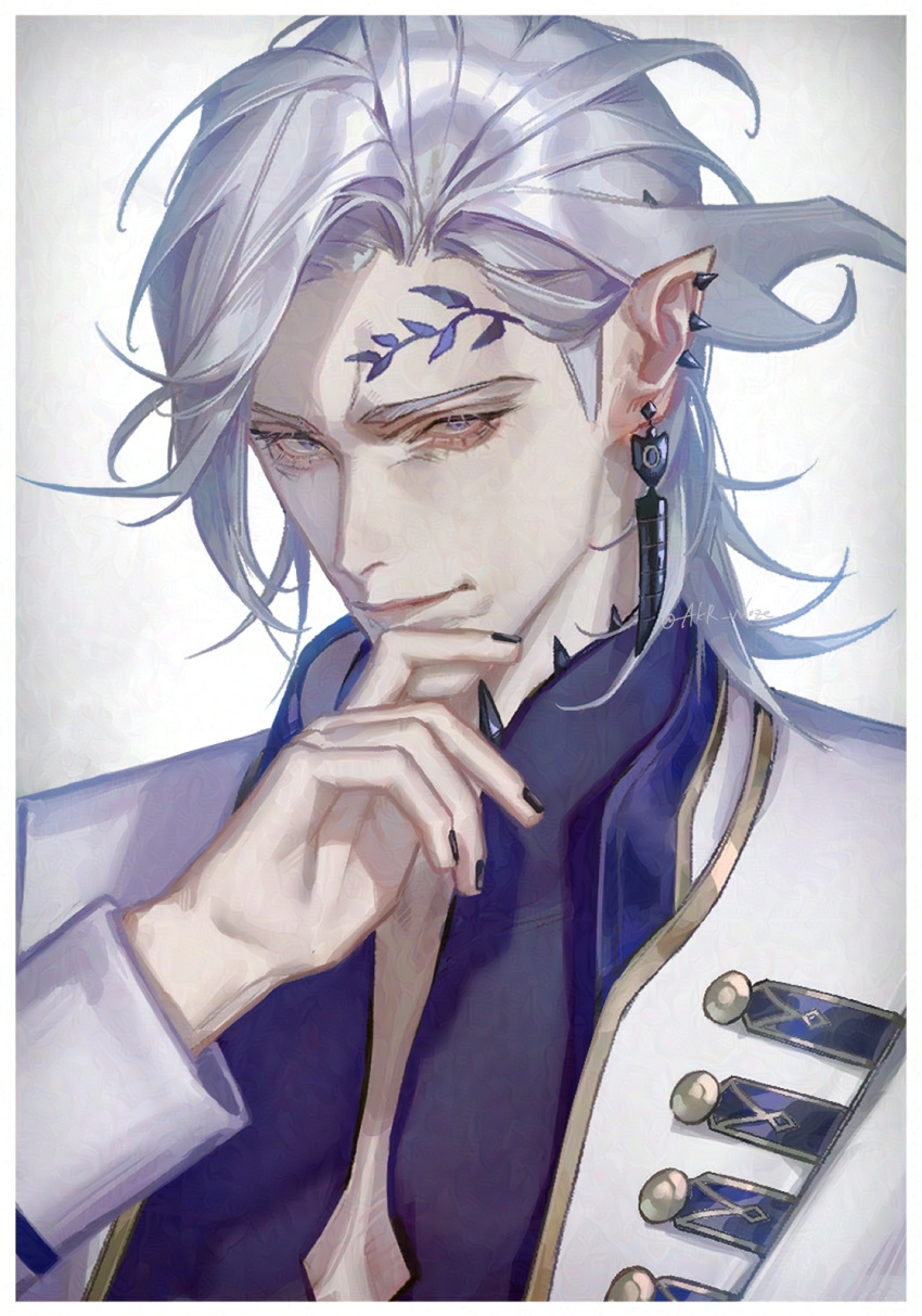 1boy, akr_noze, blue_shirt, border, choker, commentary_request, ear_piercing, expressionless