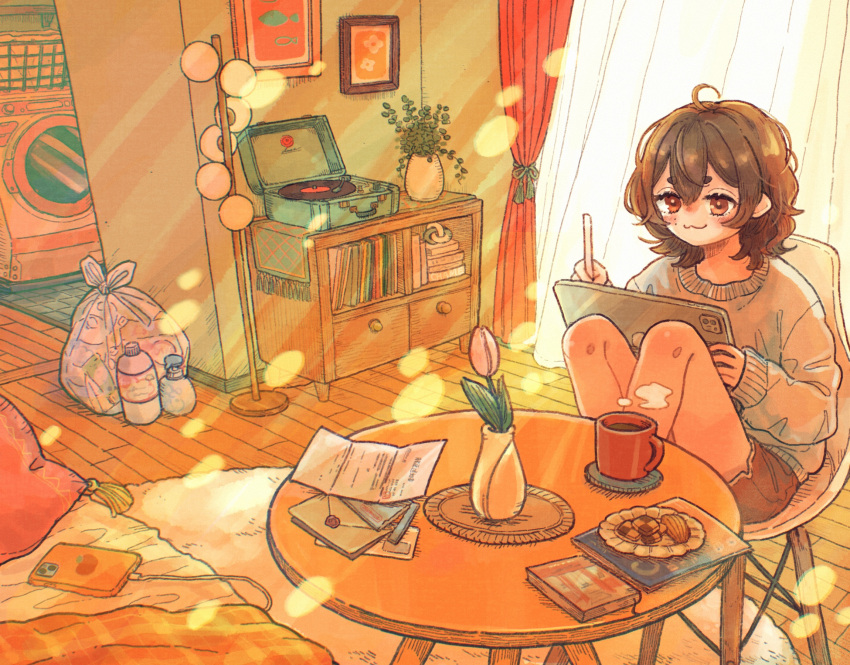 1girl, :3, ahoge, blush, book, bottle, brown_eyes, brown_hair
