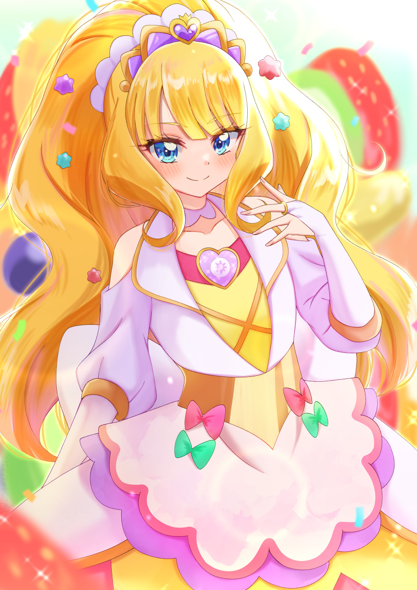 1girl, absurdres, arm_behind_back, blonde_hair, blue_eyes, blueberry, blunt_bangs, blurry