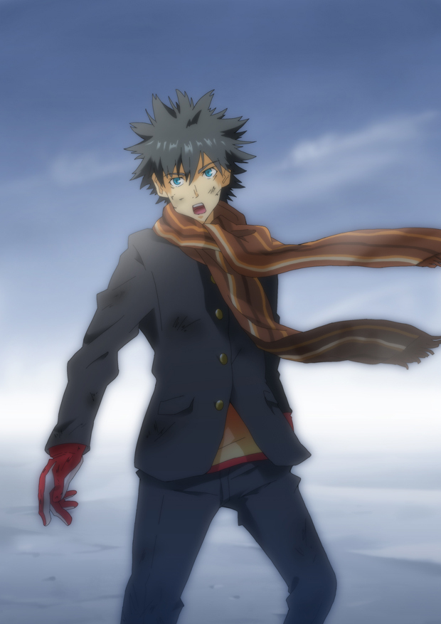 blue_eyes, cloud, gloves, hiropoo, kamijou_touma, scarf, school_uniform, striped
