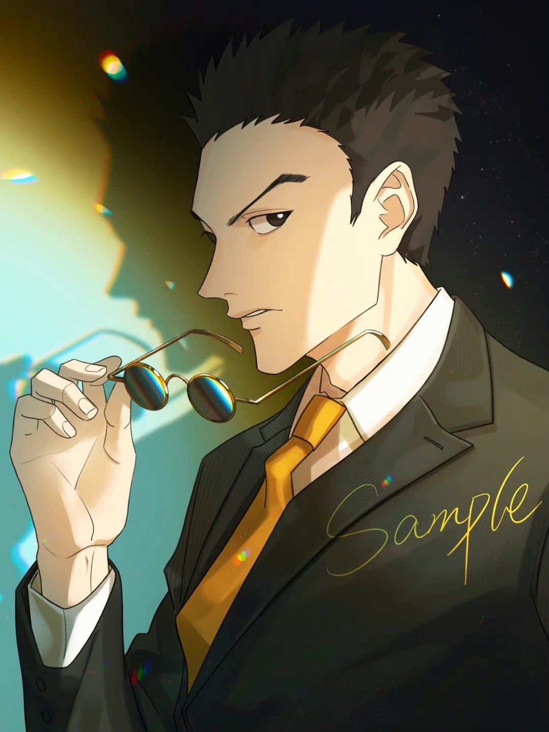 1boy, black_eyes, black_suit, business_suit, debris, drop_shadow, highres, holding