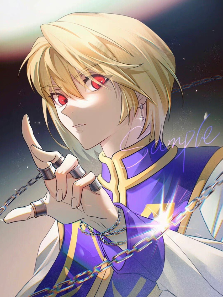 1boy, androgynous, blonde_hair, blue_tabard, chain, crystal_earrings, earrings, glint