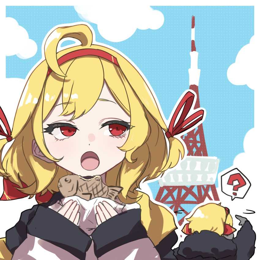 2girls, :o, ?, absurdres, ahoge, black_coat, bow, clouds