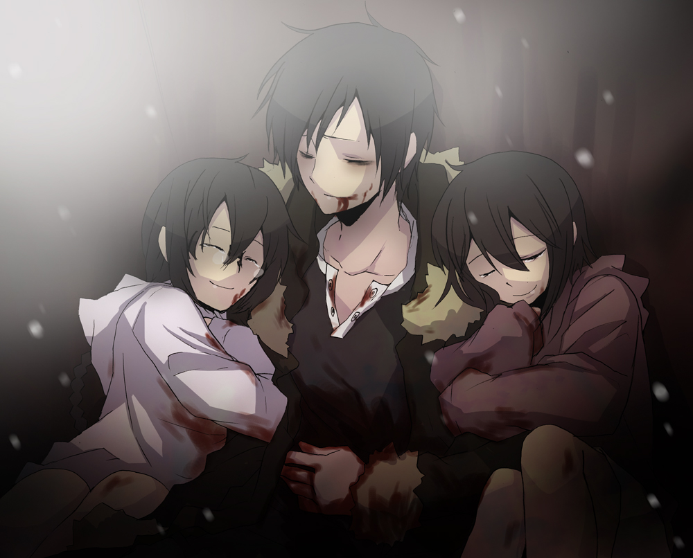 blood, closed_eyes, durarara!!, glasses, hirasaka_(okome13), orihara_izaya, orihara_kururi, orihara_mairu