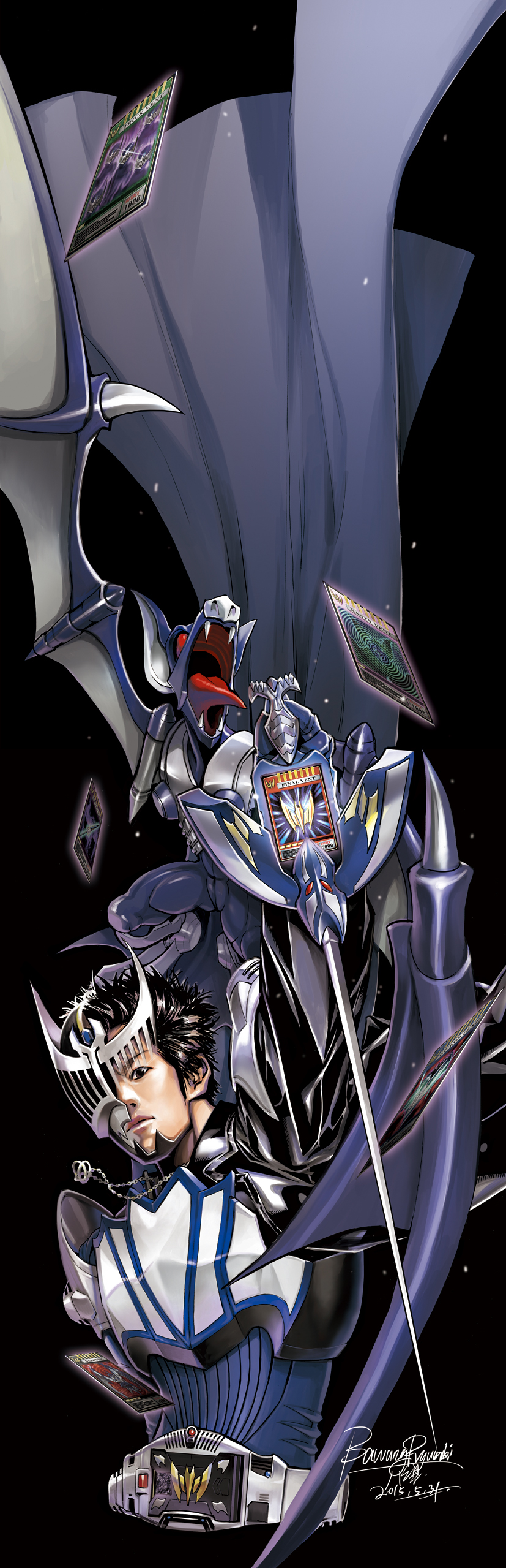 1boy, absurdres, akiyama_ren, armor, bat_(animal), bawang-ryuuzaki, black_hair, cape, card, contract_monster, darkwing, fangs, highres, holding, holding_weapon, jewelry, kamen_rider, kamen_rider_knight, kamen_rider_ryuki_(series), looking_at_viewer, necklace, open_mouth, red_eyes, spiky_hair, tokusatsu, upper_body, v_buckle, weapon