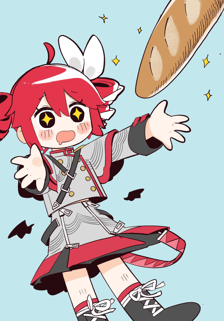 +_+, baguette, band_uniform, black_footwear, blue_background, bow, bread, commentary