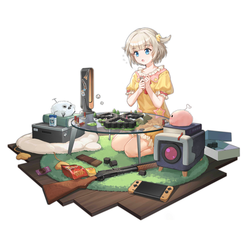 1girl, :o, bag, bare_arms, bare_legs, bird, bladeless_fan, blonde_hair