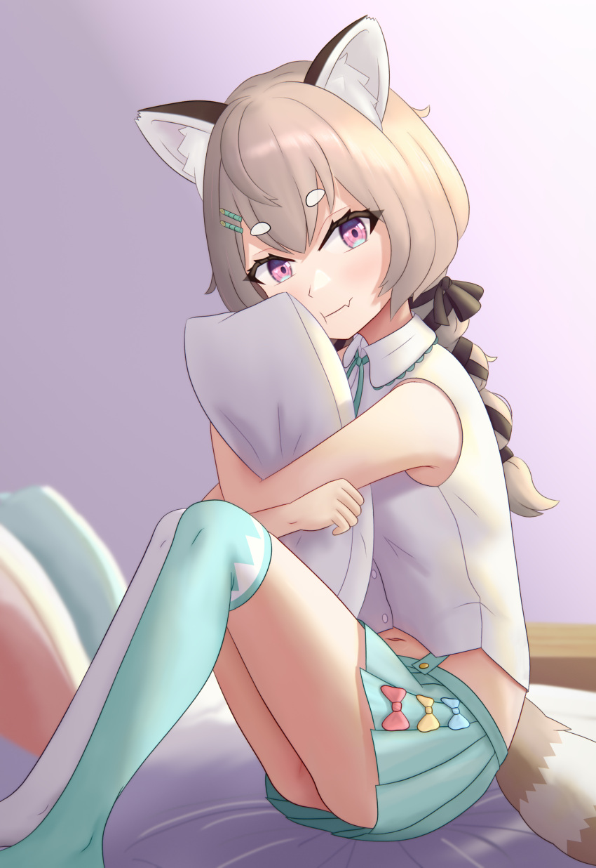 1girl, absurdres, animal_ear_fluff, animal_ears, asymmetrical_legwear, braid, brown_hair, buttons