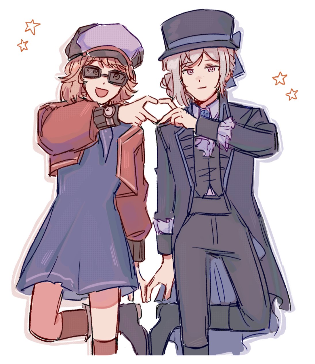 2girls, black_coat, black_footwear, black_headwear, black_pants, blue_dress, blue_ribbon, blue_scarf, brown_hair, brown_socks, closed_mouth, coat, collared_shirt, commentary, cropped_jacket, dress, english_commentary, freckles, grey_hair, hair_bun, hat, heart, heart_hands, heart_hands_duo, highres, jacket, kuva5z, long_sleeves, looking_at_viewer, multiple_girls, open_mouth, original, pants, red_jacket, regulus_(reverse:1999), reverse:1999, ribbon, scarf, shirt, short_hair, simple_background, single_side_bun, smile, socks, star_(symbol), sunglasses, top_hat, vertin_(reverse:1999), watch, watch, white_background, white_shirt