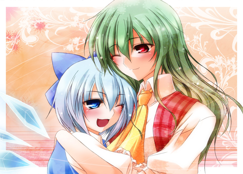 alternate_hairstyle, ascot, blue_eyes, blue_hair, blush, bow, bust, cirno, floral_background, green_hair, hair_bow, hazuki_rui, highres, hug, ice, ice_wings, kazami_yuuka, long_hair, multiple_girls, plaid_vest, portrait, red_eyes, short_hair, smile, touhou, wings, wink, yuri