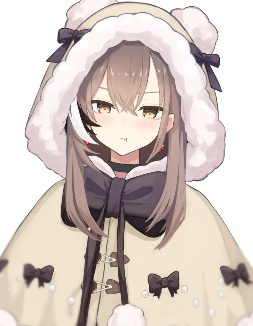1girl, ahoge, animal_hood, bear_hood, berry, black_choker, brown_capelet, brown_eyes