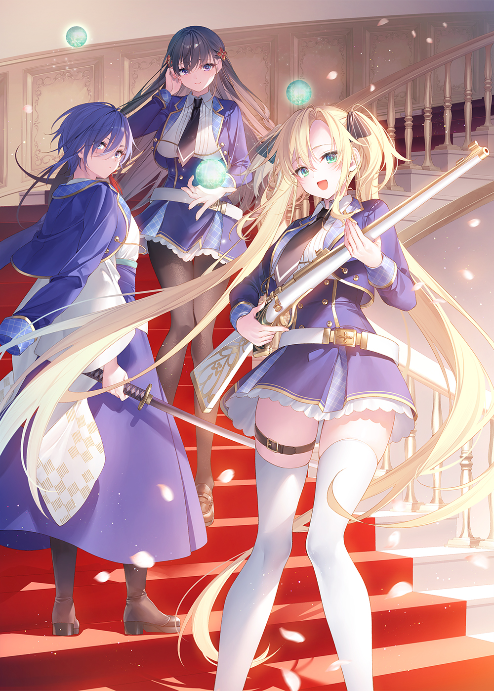 3girls, belt, black_hair, black_necktie, blonde_hair, blue_eyes, blue_hair, blue_jacket