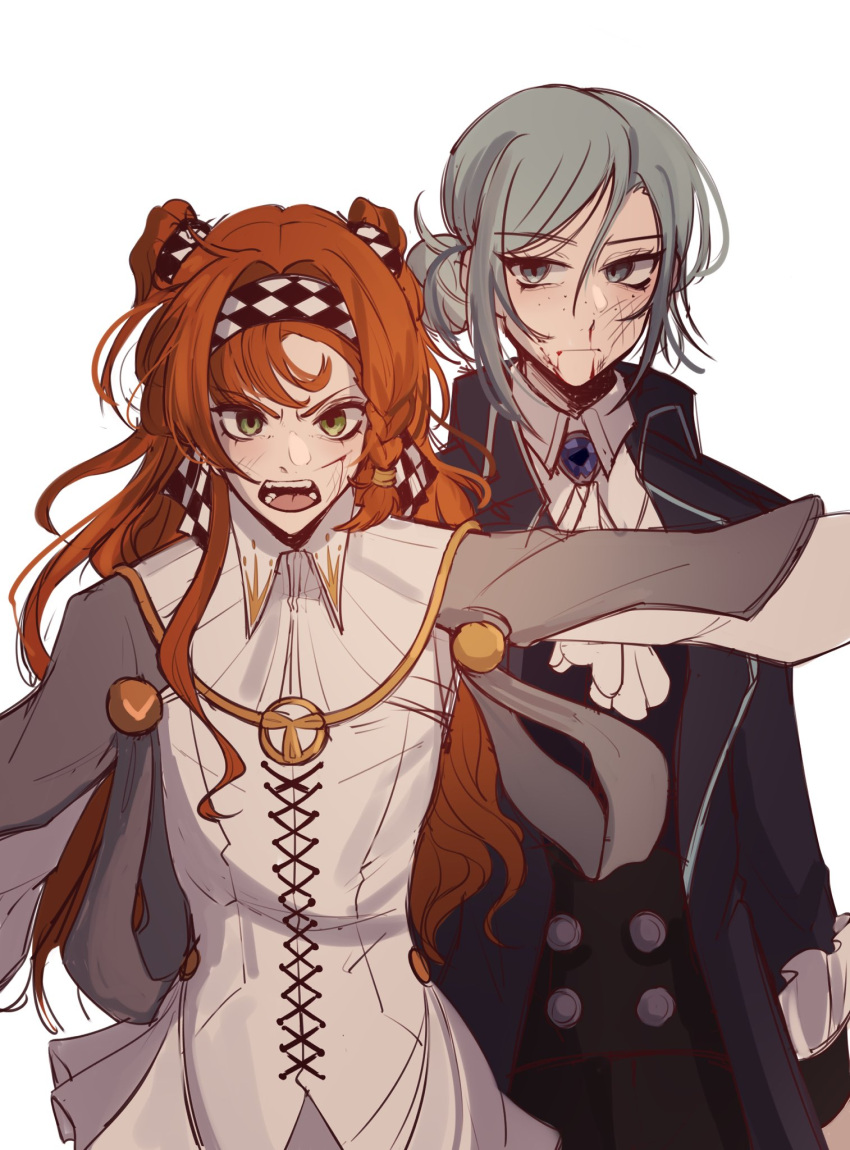 2girls, ascot, ash_teria, black_coat, blood, blood_from_mouth, blood_on_face, checkered_hairband, closed_mouth, coat, collared_shirt, commentary, dress, english_commentary, expressionless, grey_hair, hair_bun, high_collar, highres, long_hair, long_sleeves, multiple_girls, open_mouth, orange_hair, purple_brooch, reverse:1999, shirt, shouting, simple_background, single_side_bun, sonetto_(reverse:1999), teeth, two_side_up, v-shaped_eyebrows, vertin_(reverse:1999), white_ascot, white_background, white_dress, white_shirt