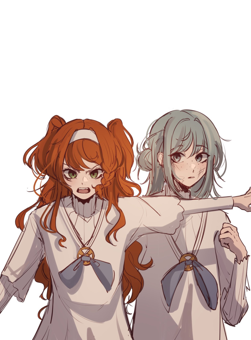 2girls, ash_teria, bruise, bruise_on_face, commentary, dress, english_commentary, freckles