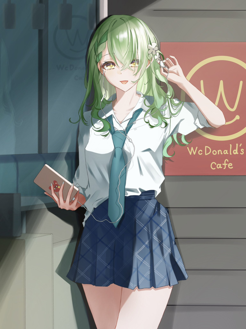 1girl, alternate_costume, blue_necktie, blue_skirt, bungo_nosuke, cellphone, ceres_fauna, commentary_request