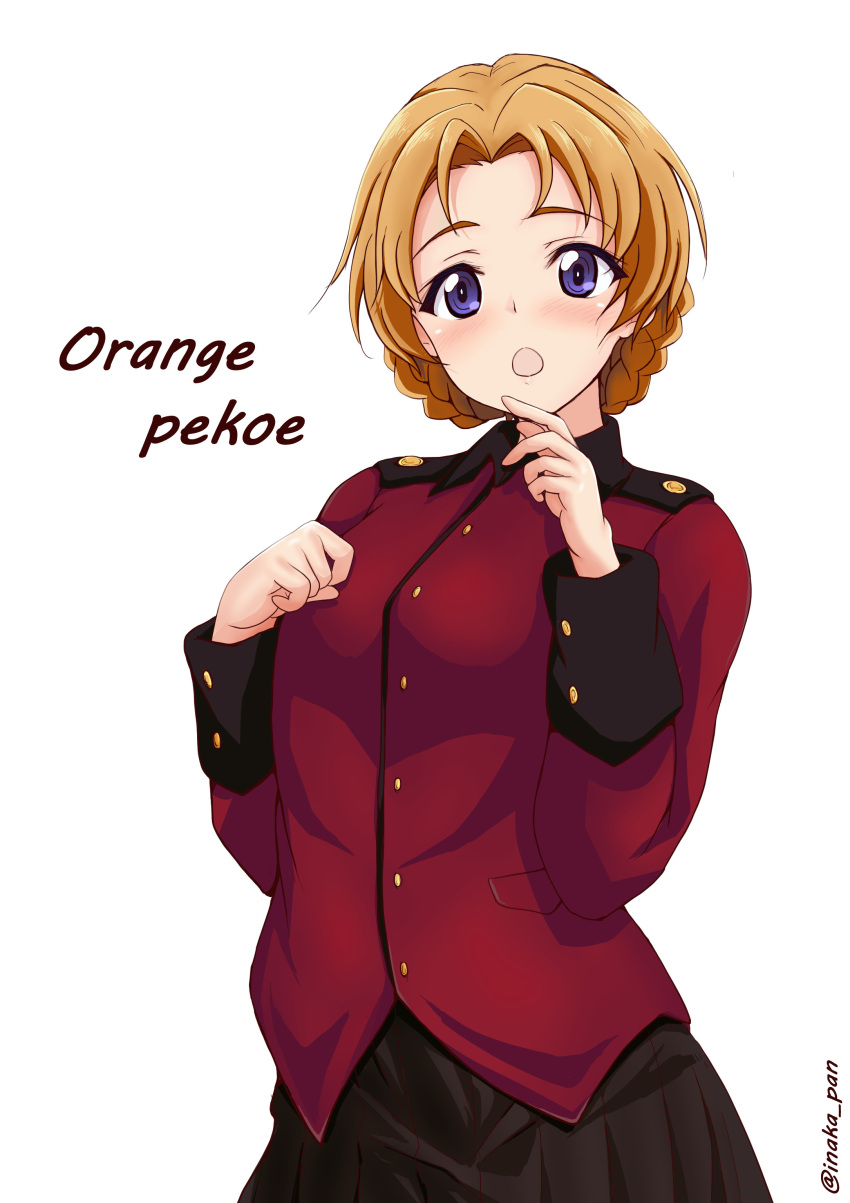 1girl, :o, absurdres, black_skirt, blue_eyes, braid, character_name, finger_to_mouth, girls_und_panzer, highres, inaka_pan, jacket, light_blush, long_sleeves, looking_at_viewer, military_uniform, miniskirt, open_mouth, orange_hair, orange_pekoe_(girls_und_panzer), pleated_skirt, red_jacket, short_hair, simple_background, skirt, solo, st._gloriana's_military_uniform, standing, twin_braids, twitter_username, uniform, white_background