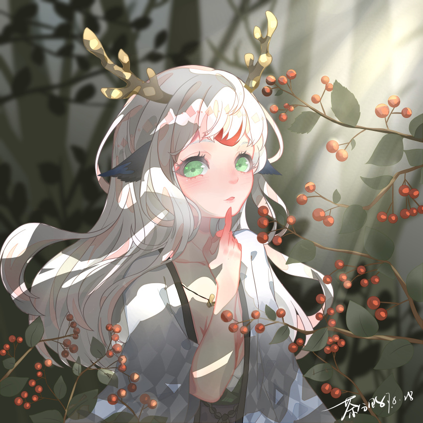1boy, absurdres, antlers, artist_name, breasts, cha_fen, chinese_commentary, commentary_request