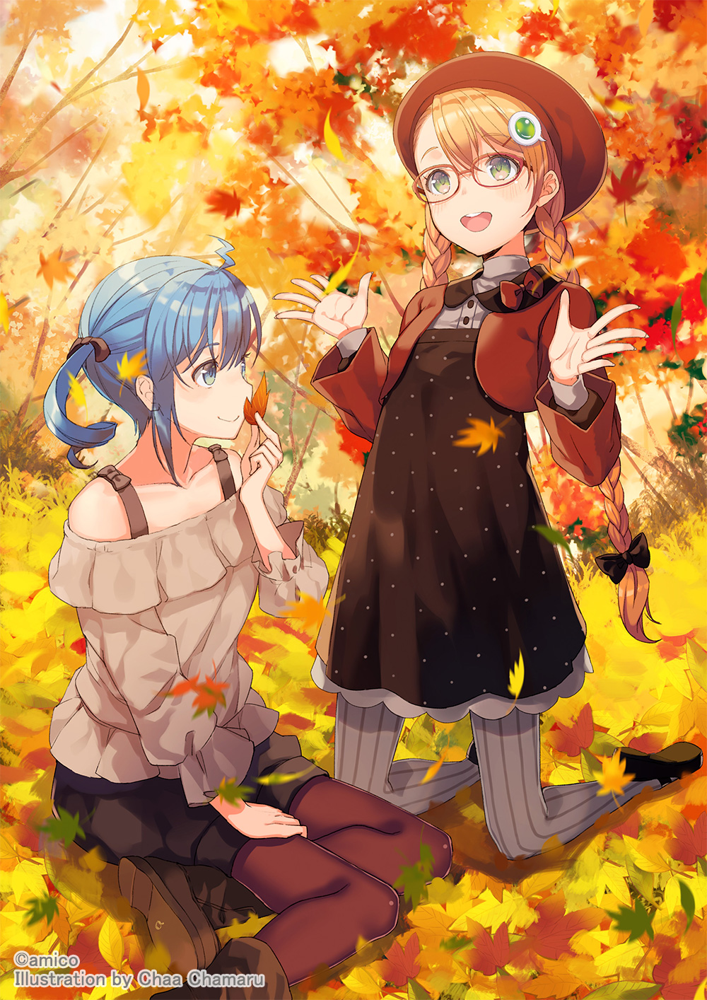 2girls, amiami_(company), amico, autumn, autumn_leaves, beret, black_bow, blue_eyes