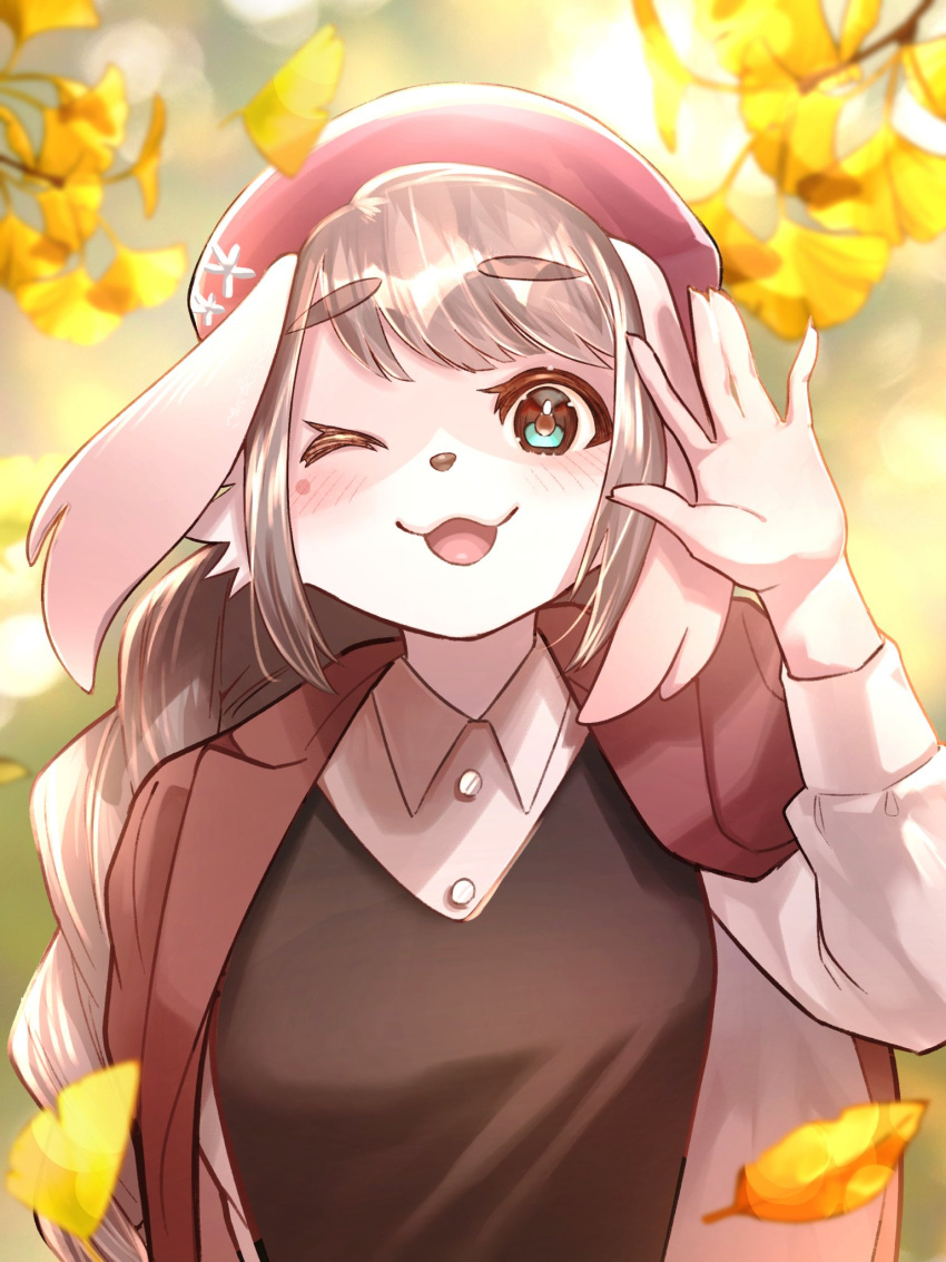1boy, :3, animal_ears, beret, blue_eyes, blurry, blush, bokeh, braid, braided_ponytail, brown_jacket, brown_sweater, collared_shirt, commentary_request, depth_of_field, dog_boy, dog_ears, furry, furry_male, ginkgo_leaf, hand_up, hat, highres, jacket, jacket_on_shoulders, leaf, light_brown_hair, long_hair, male_focus, one_eye_closed, open_mouth, pink_fur, pink_shirt, satou_shouhei, shirt, sidelocks, single_braid, smile, solo, sweater, tanetomo_(housamo), thick_eyebrows, tokyo_afterschool_summoners, two-tone_fur, upper_body