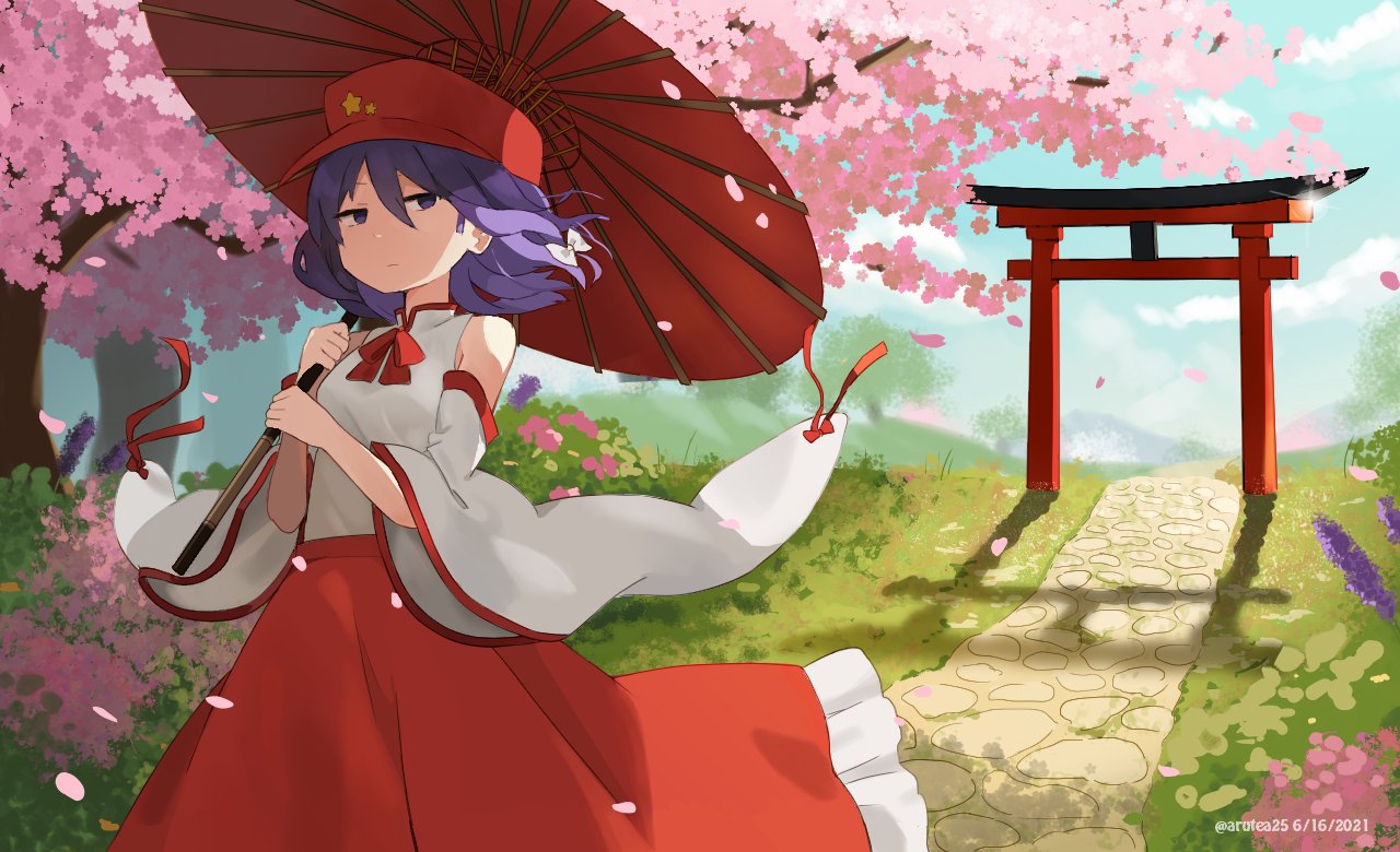 1girl, aru_aru_nako, bare_shoulders, cabbie_hat, cherry_blossoms, detached_sleeves, english_commentary, falling_petals