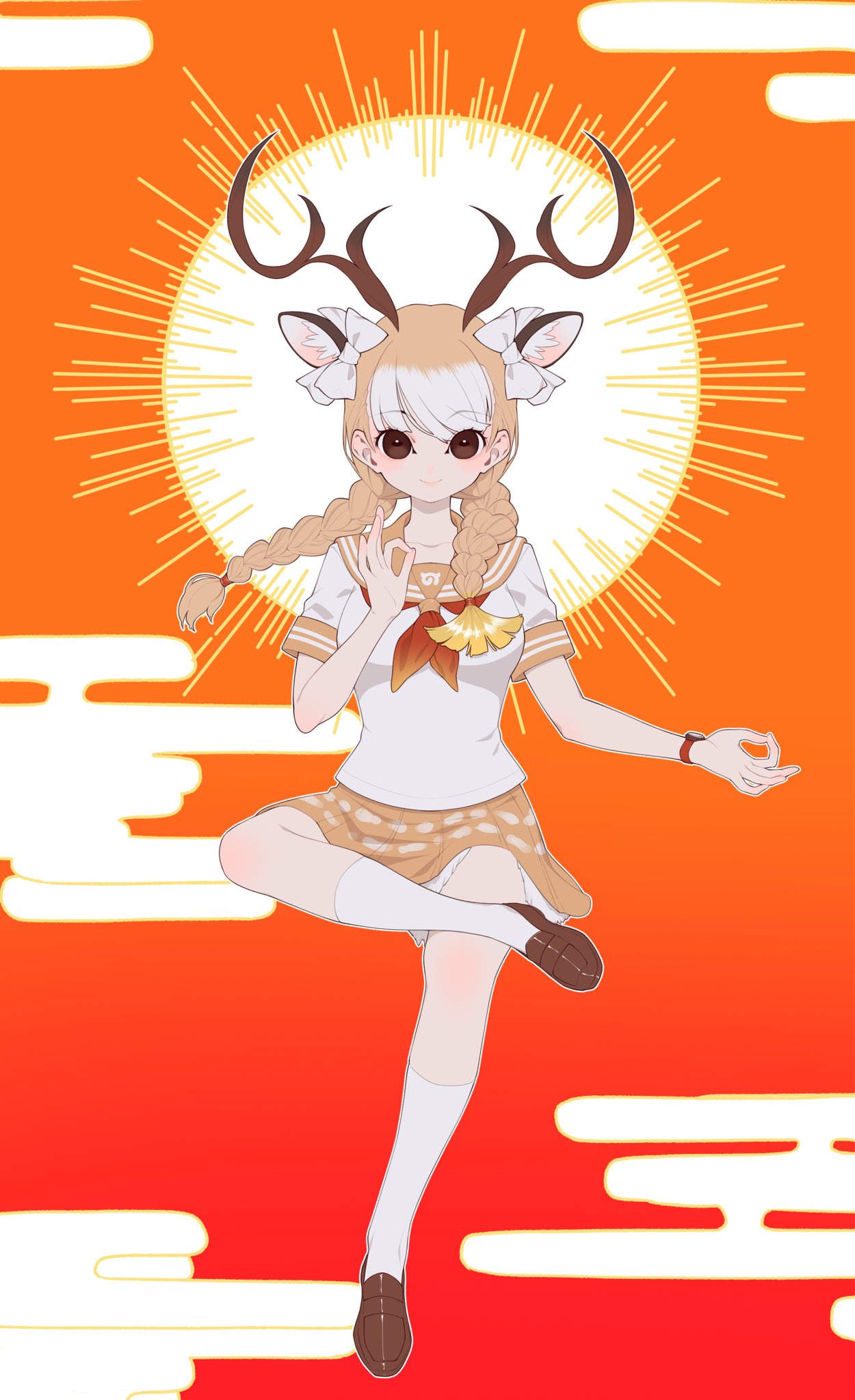1girl, animal_ears, brown_eyes, brown_hair, deer_ears, deer_girl, extra_ears, full_body