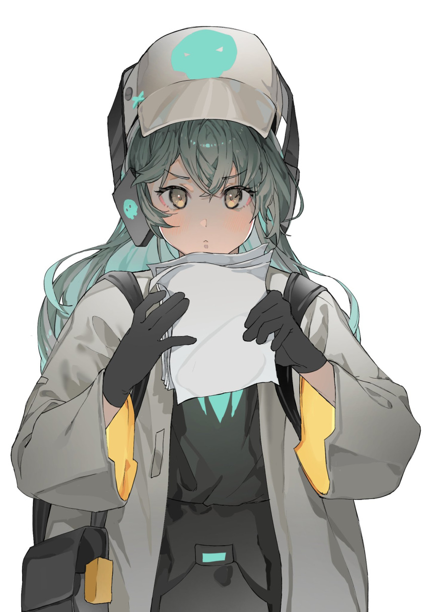 1girl, antonina_(neural_cloud), aqua_hair, baseball_cap, black_gloves, coat, girls'_frontline_neural_cloud, girls_frontline
