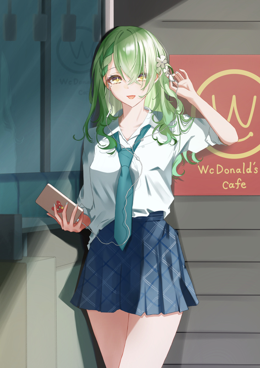1girl, absurdres, alternate_costume, blue_necktie, blue_skirt, bungo_nosuke, cellphone, ceres_fauna