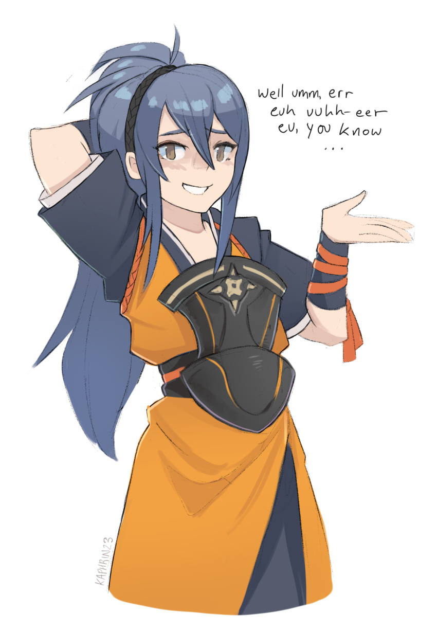 1girl, arm_behind_head, armor, black_kimono, blue_hair, brown_eyes, english_text, fire_emblem