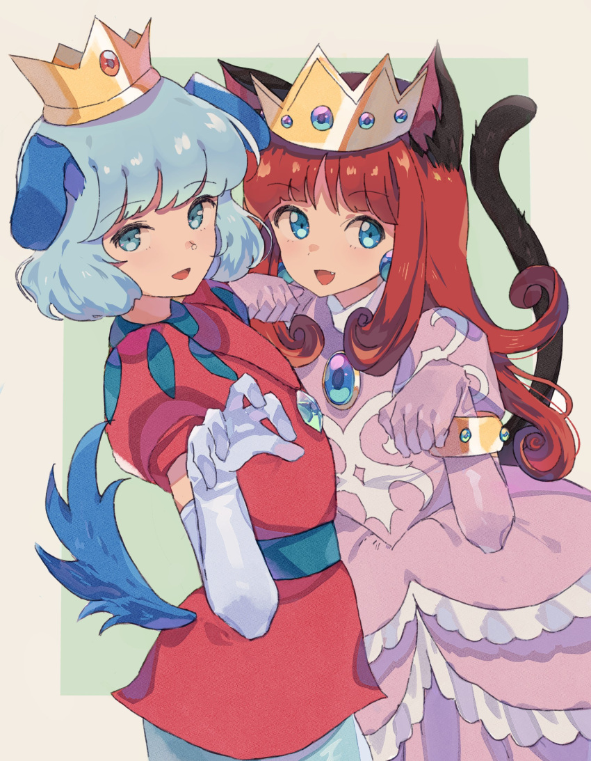 1boy, 1girl, absurdres, animal_ears, arm_on_shoulder, belt, black_belt, blue_eyes
