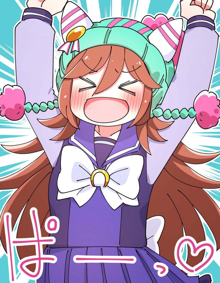>_<, absurdres, animal_ears, arms_up, beanie, blue_background, blush, breasts